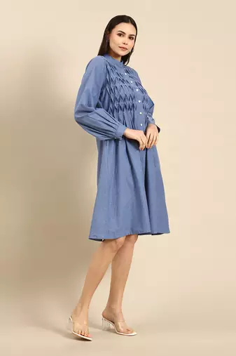 Denim blue cotton smocked dress