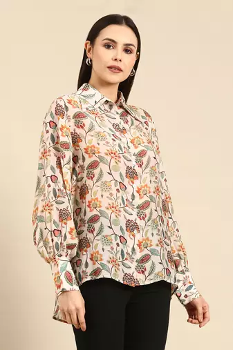 Cream floral printed muslin shirt