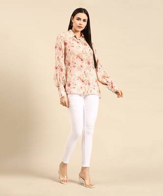 Peach floral printed muslin shirt 1