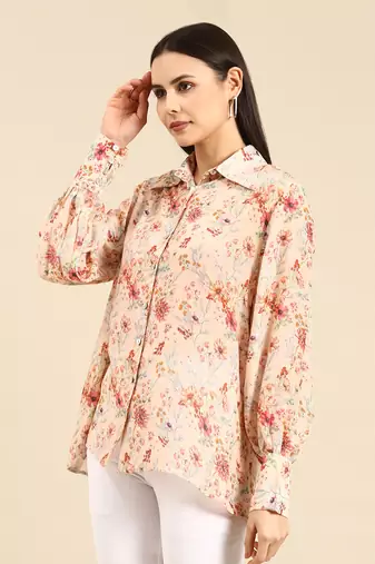 Peach floral printed muslin shirt