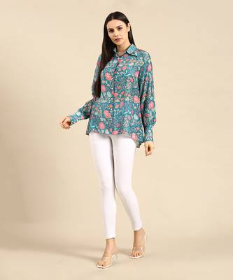 Blue pink printed muslin shirt 1