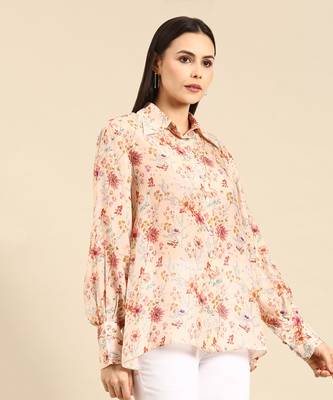 Peach floral printed muslin shirt 3