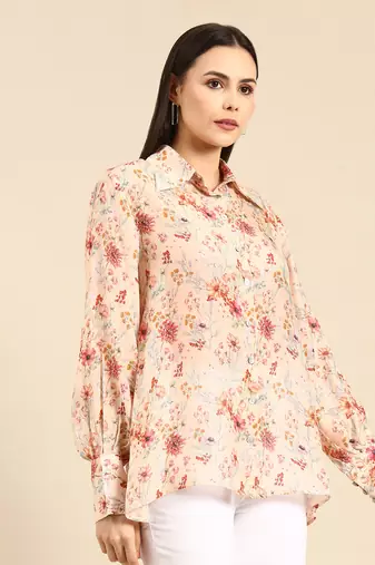 Peach floral printed muslin shirt