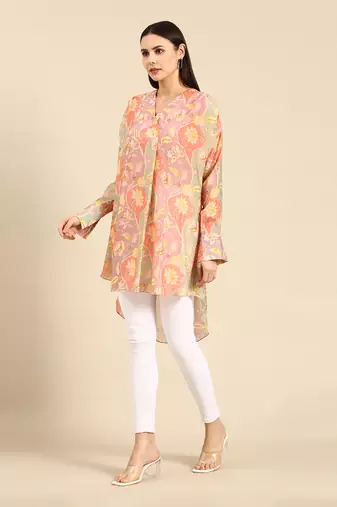 Brown floral printed muslin shirt