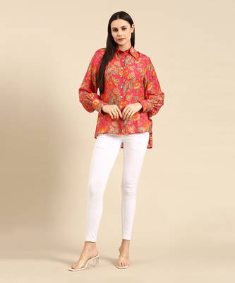Pink floral printed muslin shirt 1