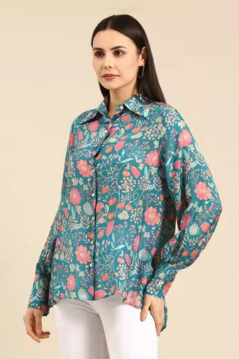 Blue pink printed muslin shirt