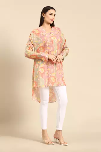 Brown floral printed muslin shirt