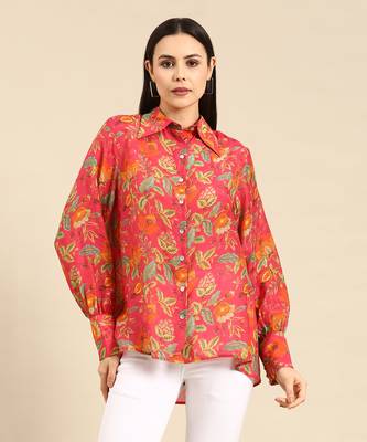 Pink floral printed muslin shirt 2
