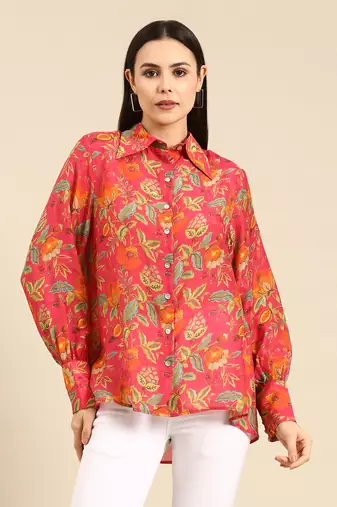 Pink floral printed muslin shirt