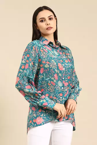 Blue pink printed muslin shirt