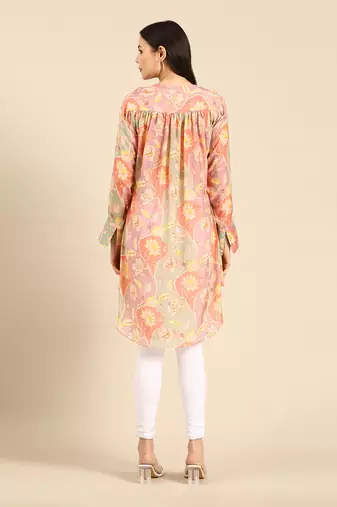 Brown floral printed muslin shirt