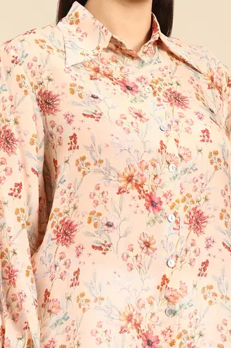 Peach floral printed muslin shirt