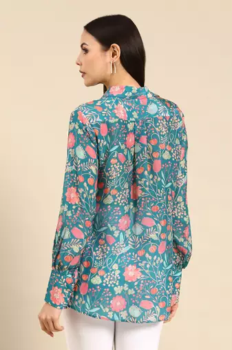 Blue pink printed muslin shirt