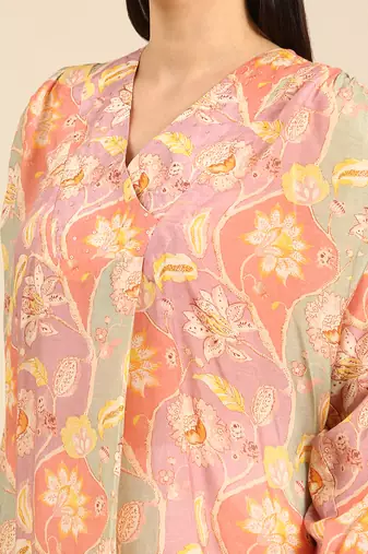 Brown floral printed muslin shirt