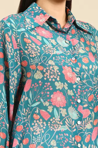 Blue pink printed muslin shirt