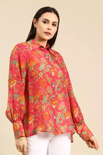Pink floral printed muslin shirt