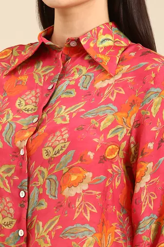 Pink floral printed muslin shirt