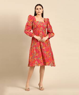 Pink printed muslin square neck dress 1