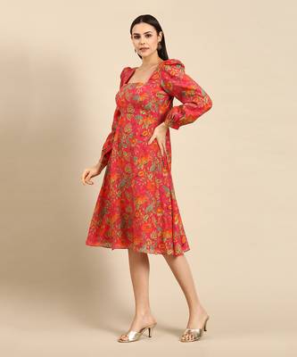 Pink printed muslin square neck dress 2
