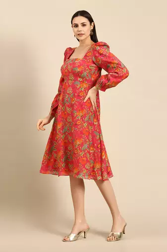 Pink printed muslin square neck dress