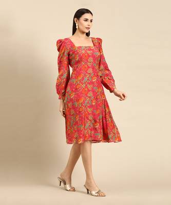 Pink printed muslin square neck dress 3