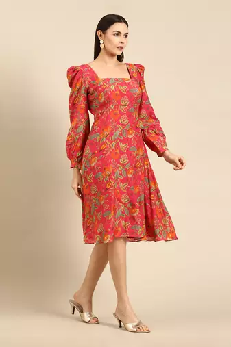 Pink printed muslin square neck dress