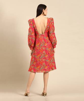 Pink printed muslin square neck dress 4