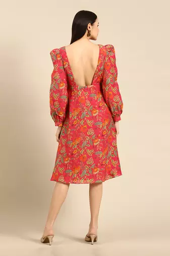 Pink printed muslin square neck dress