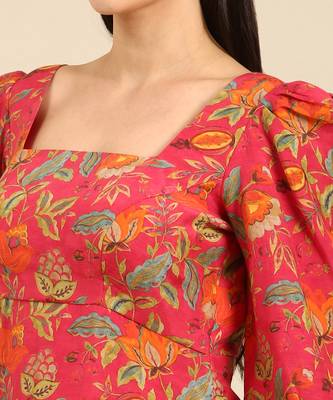 Pink printed muslin square neck dress 5