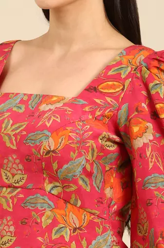 Pink printed muslin square neck dress