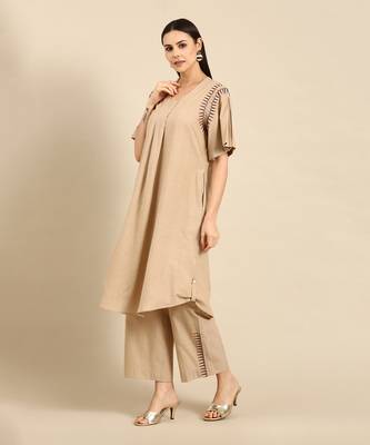 Beige cotton pleated aline dress 2