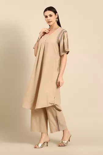 Beige cotton pleated aline dress