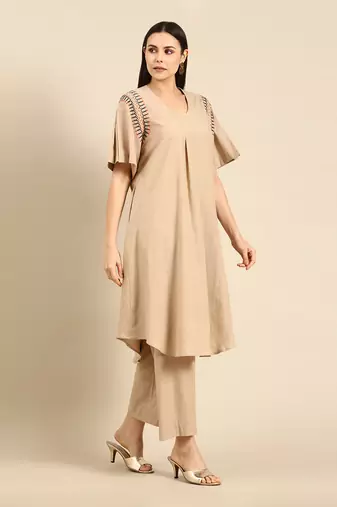 Beige cotton pleated aline dress
