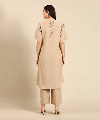 Beige cotton pleated aline dress 4