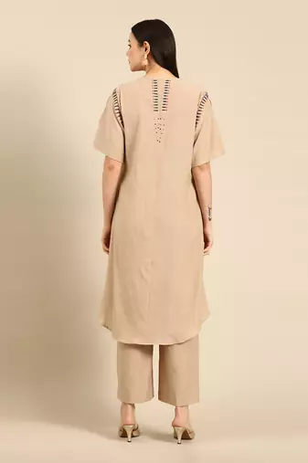 Beige cotton pleated aline dress
