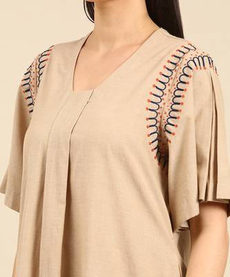 Beige cotton pleated aline dress 5