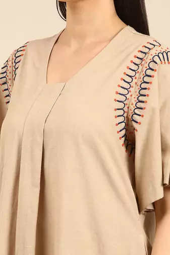 Beige cotton pleated aline dress