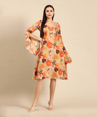 Orange printed muslin v neck dress 1