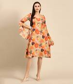 Orange printed muslin v neck dress
