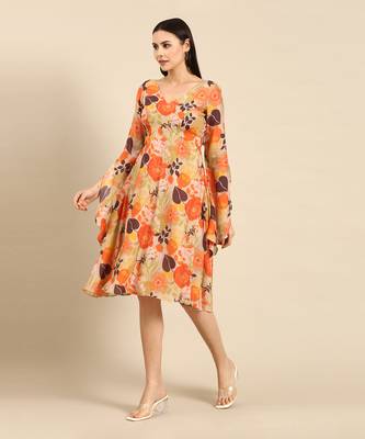 Orange printed muslin v neck dress 2