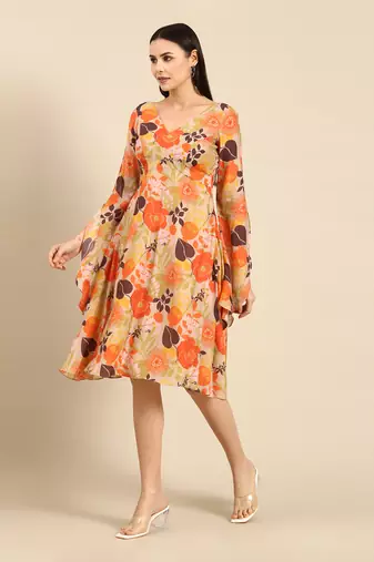 Orange printed muslin v neck dress