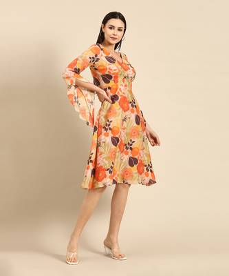 Orange printed muslin v neck dress 3