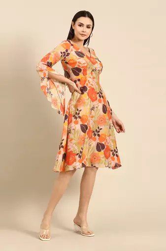 Orange printed muslin v neck dress