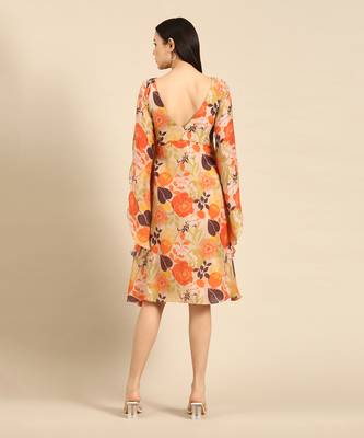 Orange printed muslin v neck dress 4