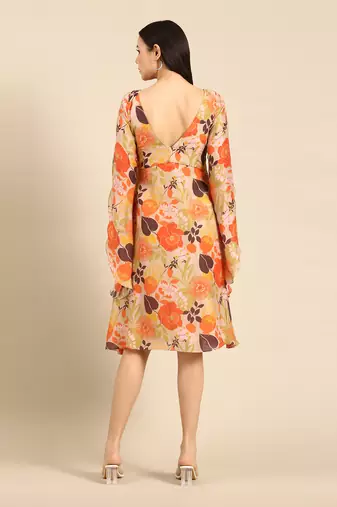 Orange printed muslin v neck dress
