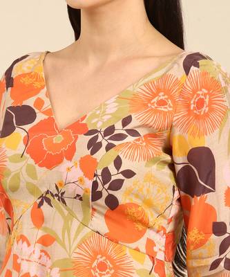 Orange printed muslin v neck dress 5