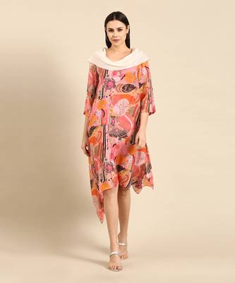 Pink printed muslin cowl neck dress 1