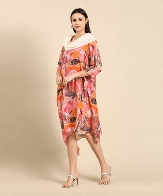 Pink printed muslin cowl neck dress 2
