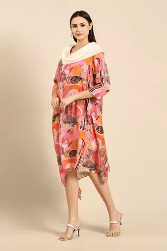 Pink printed muslin cowl neck dress