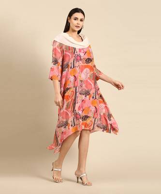 Pink printed muslin cowl neck dress 3